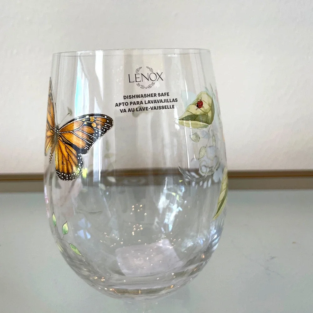 Lenox Butterfly Meadow Stemless Wine Glass Set of 2 Spring Floral Barware NEW